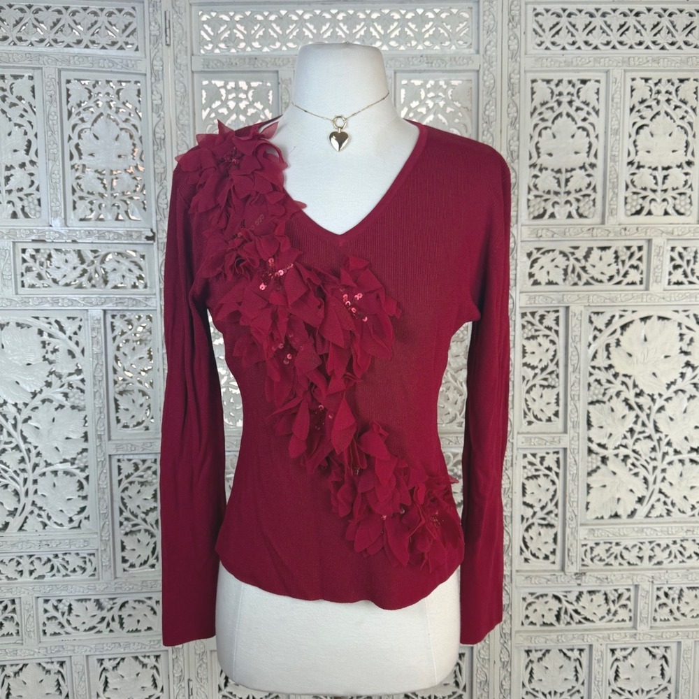Vtg Red Ribbed Floral Sequin Blouse Womens Medium‎ Fairycore Y2K Coquette
